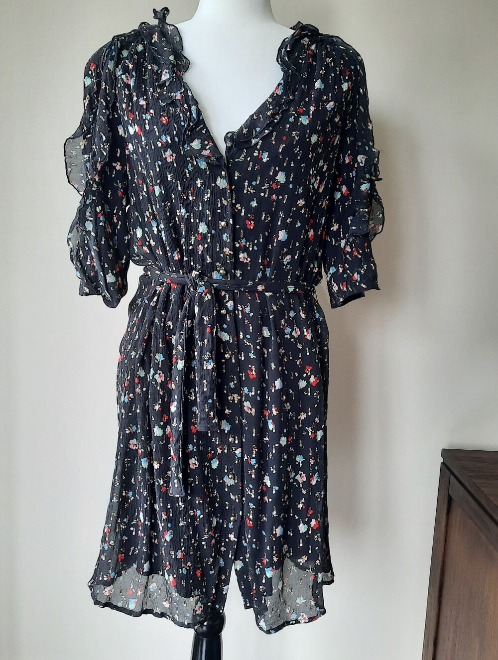 Sézane Black Silk Floral Ruffle Tie-Waist Dress